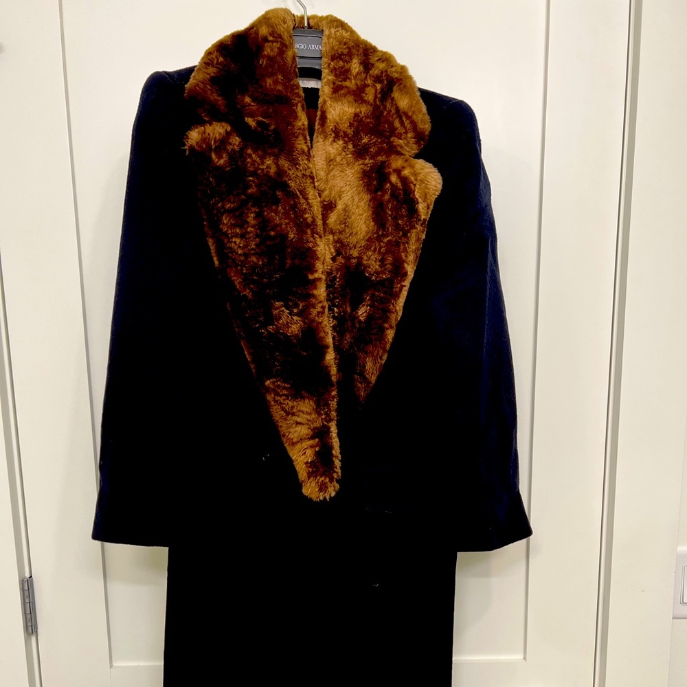 Navy wool dress coat with genuine sheared beaver collar.